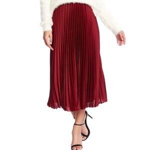 NWT 1. STATE Red Maroon Shiny Midi Knife Pleated Skirt Size 4